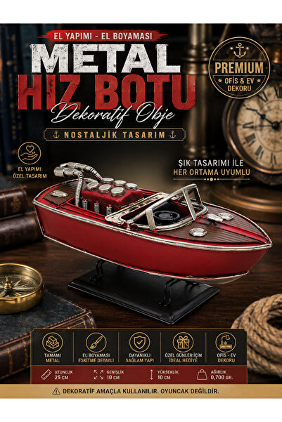 KOLAYEV Dekoratif Metal Hız Botu 25 Cm El Yapımı Nostaljik Tekne Ofis Masa Üs...