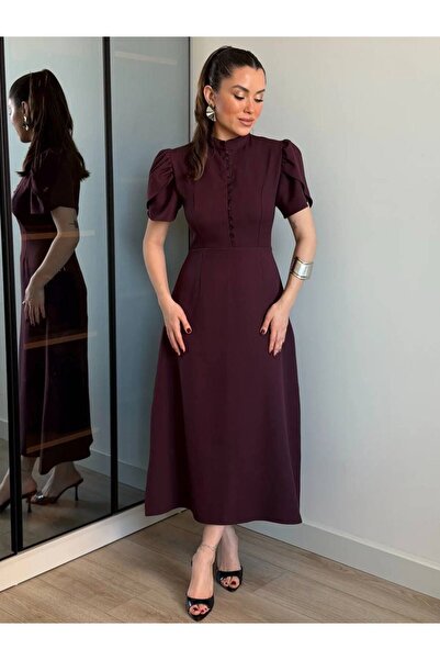 maf collection Γυναικείο βραδινό φόρεμα με μανίκια μπαλόνι και κουμπιά σε χρώ...