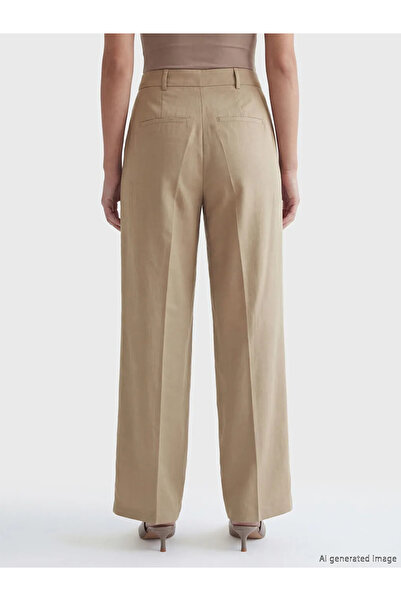 LC Waikiki Μπεζ Ψηλόμεσο Με πιέτες Γυναικείο Υφασμάτινο Παντελόνι