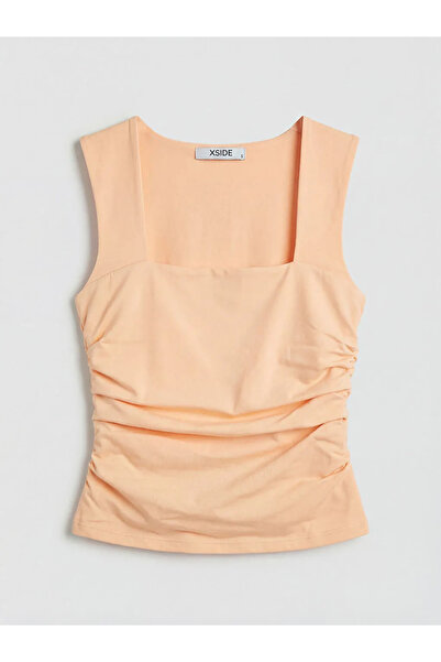 LC Waikiki Πορτοκαλί γυναικεία αμάνικη μπλούζα με τετράγωνο λαιμό και λεπτομέ...