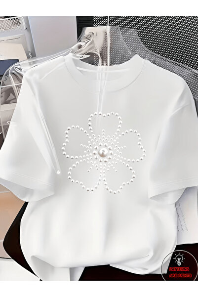 one button Μπλουζάκι Premium Oversize με σχέδιο λουλουδιών και στάμπα με πέρλες