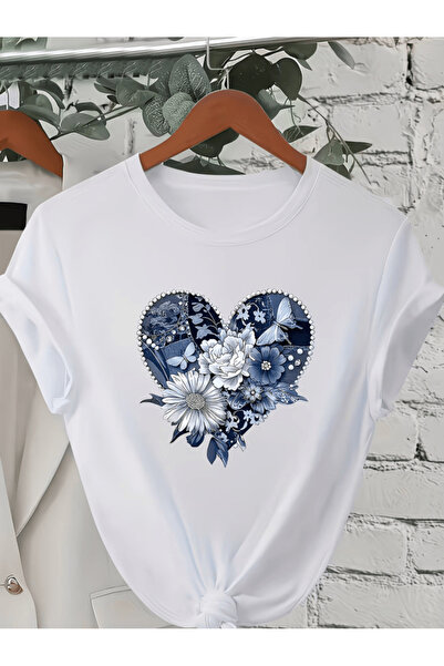 one button Μπλουζάκι Premium Oversize με μπλε λουλουδάτο σχέδιο και στάμπα με...