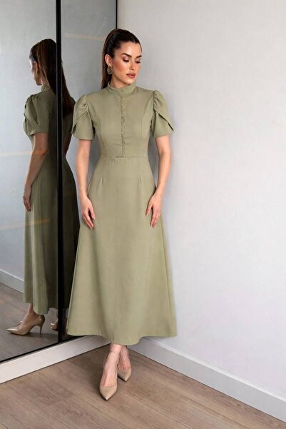 maf collection Γυναικείο βραδινό φόρεμα με πράσινα κουμπιά και μανίκια μπαλόν...