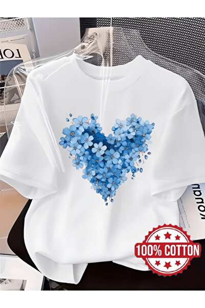 one button Μπλουζάκι Premium Oversize με στάμπα μπλε λουλουδιών και καρδιάς