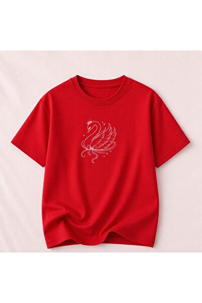 herkesemoda Γυναικείο βαμβακερό μπλουζάκι με στάμπα κύκνου και λαιμόκοψη ποδη...