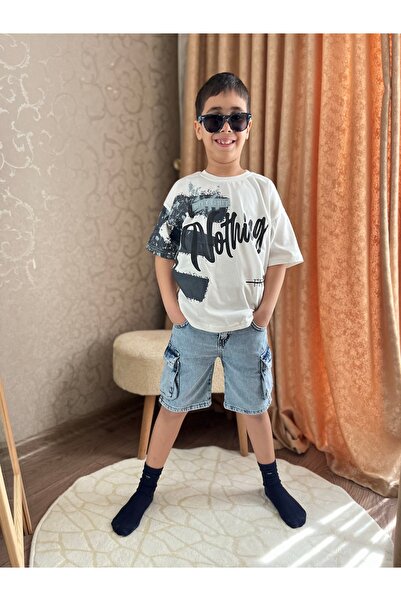 Yuka Kids Erkek Çocuk Nothing Baskılı Tişört Kargo Cepli Kot Şort Takım 3-10 ...