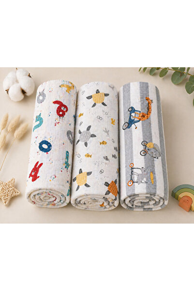 KRN MODA Çok Amaçlı Müslin Örtü & Battaniye 3'lü Set %100 Pamuk 80x90 cm
