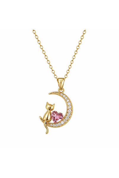 Yuchicly Heart Cat Moon Pattern Gold Color Steel Necklace Option