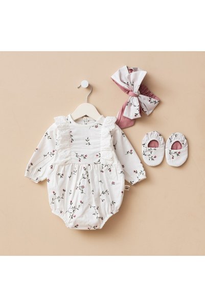 Minimus Baby Girl Cotton Summer Romper Newborn Floral and Heart Patterned Jumpsuit with Headband and Booties Set