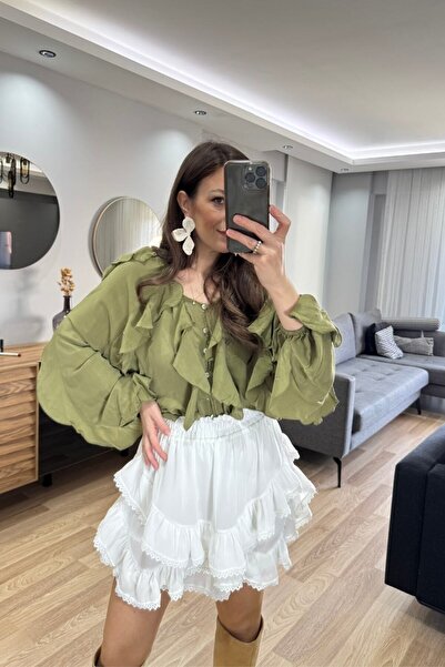 Banu Angay Reva Fırfır Detaylı Gömlek Bluz Haki Yeşil