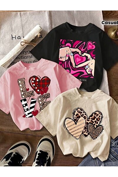 No Plan تي شيرت مطبوع عليه LOVEHEART للفتيات مكون من 3 قطع