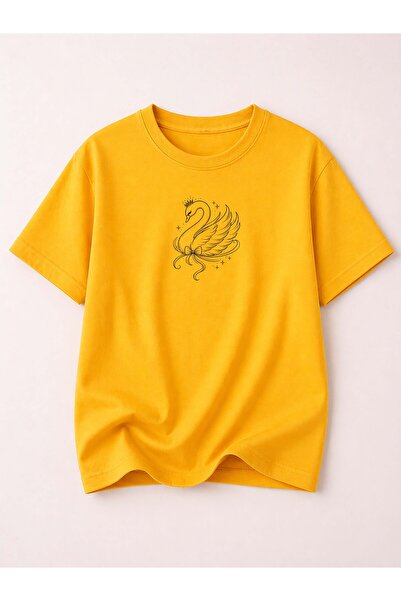 herkesemoda Γυναικείο βαμβακερό μπλουζάκι με στάμπα κύκνου και λαιμόκοψη ποδη...