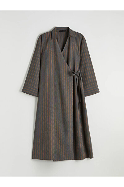 LC Waikiki Γκρι διπλόκουμπο μακρύ φόρεμα με δέσιμο