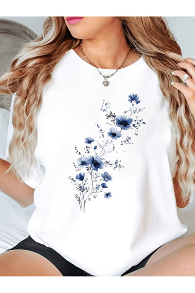 one button Μπλουζάκι Premium Oversize με στάμπα μεγάλου μπλε λουλουδιού