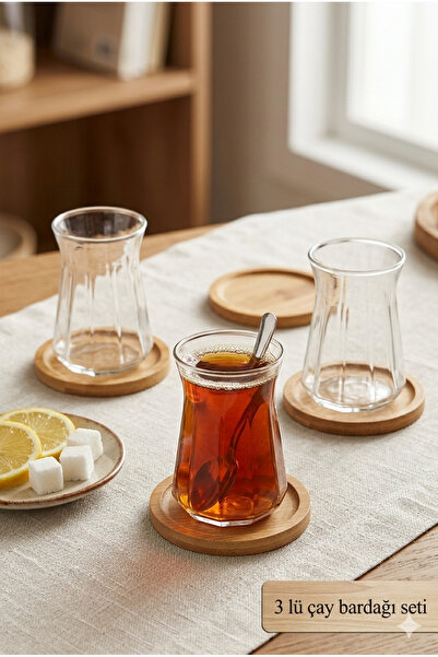Selenica Bambu Altlıklı 3'lü Çay Bardağı Takımı - Modern Tasarım İnce Belli Ç...