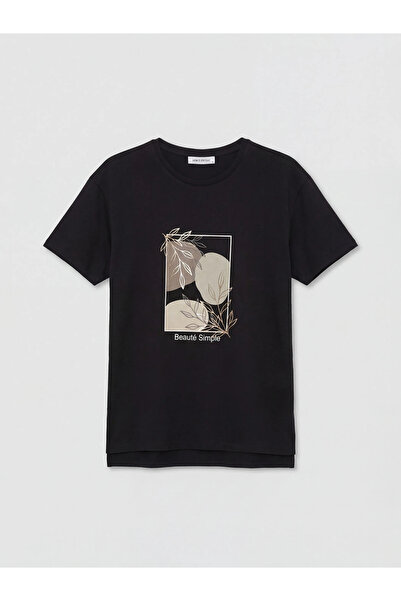 LC Waikiki Γυναικείο μπλουζάκι με στάμπα μαύρο Crew Neck