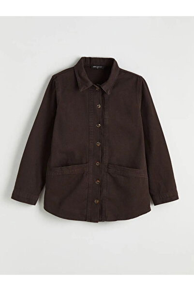 LC Waikiki Καφέ πουκάμισο με γιακά Γυναικείο τζιν μπουφάν