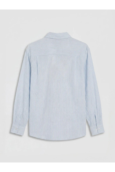 LC Waikiki Μπλε Ριγέ Λινό Μικτό γυναικείο πουκάμισο