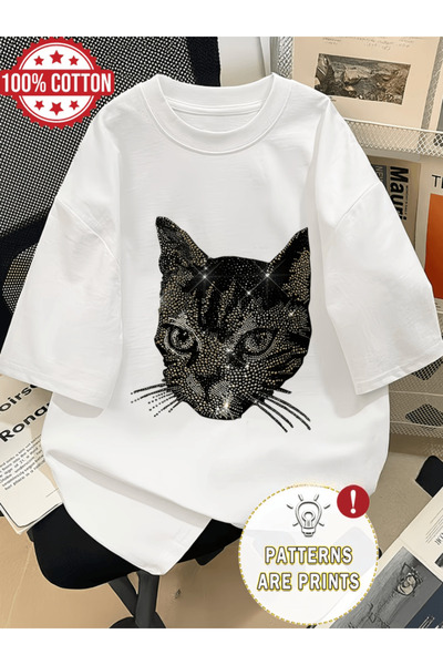 one button Πολύχρωμο μπλουζάκι με σχέδιο Cute Cat, Premium Oversize
