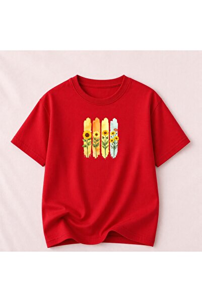 herkesemoda Γυναικείο βαμβακερό μπλουζάκι με στάμπα Sunflower Bunch