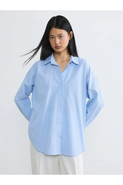 LC Waikiki Γυναικείο πουκάμισο μπλε ριγέ oversized Oxford