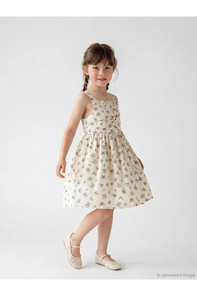 LC Waikiki Ecru Square Neck Bow Girl's Dress