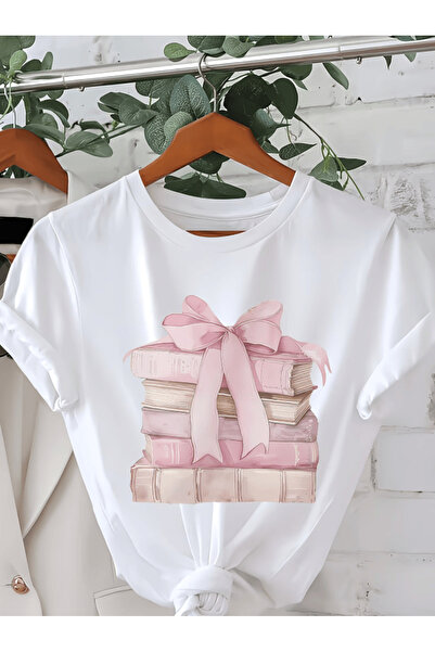 one button Μπλουζάκι Premium Oversize με στάμπα Pink Book Stack Bowknot