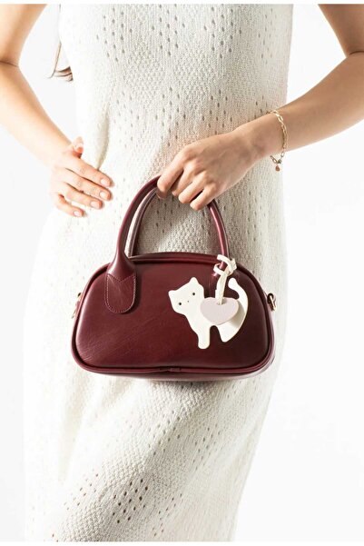 ÖZÜM ÇANTA Women's Cat Charm Gift Shoulder Crossbody Bag Claret Red