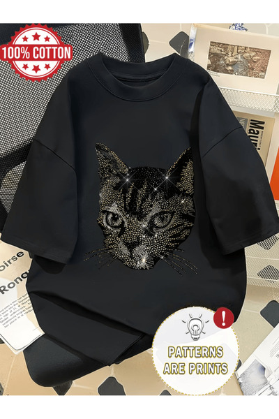 one button Πολύχρωμο μπλουζάκι με σχέδιο Cute Cat, Premium Oversize