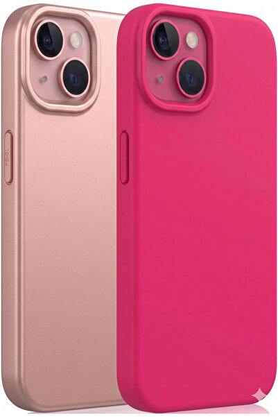 UNIQUE ME iPhone 13/14/15 Uyumlu Silikon Kılıf Seti Rose Gold-Fuşya
