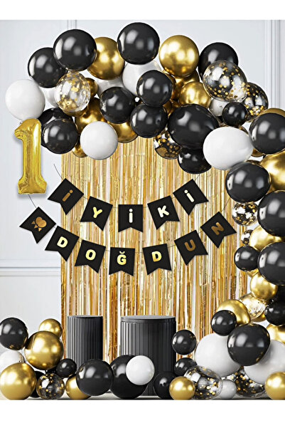 Parti Zamanı 1 Yaş Balonlu Siyah Konsept Doğum Günü Balon Zinciri Toplam 35 P...