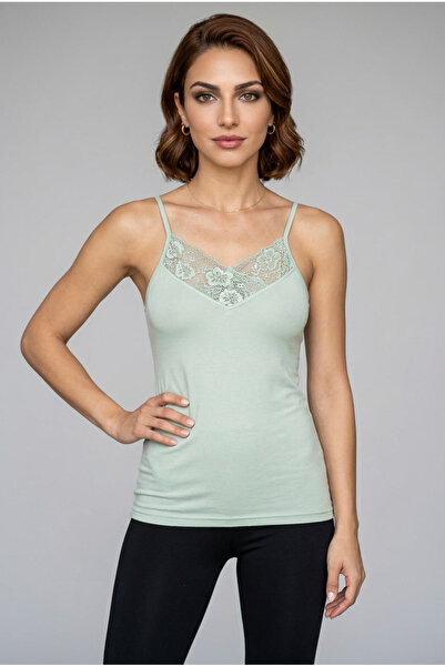 fevien Women's V-Neck Lace Guipure Detailed Rope Strap Cotton Undershirt Styl...