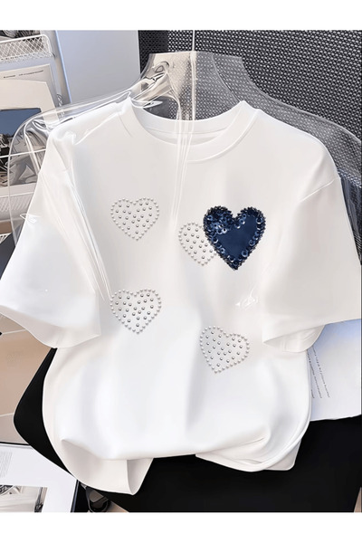 one button Μπλουζάκι Premium Oversize με στάμπα Glitter Love Heart