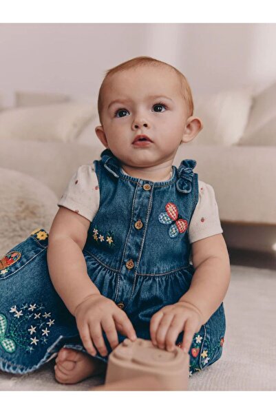 Next Baby Cotton Denim Floral Patterned Dress Bodysuit Set of 2