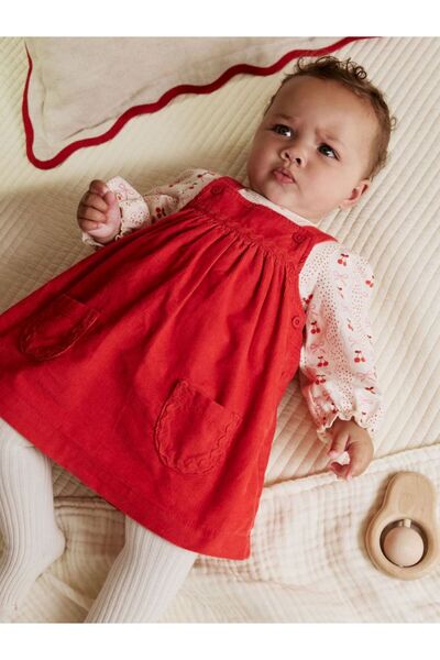 Next Baby Cotton Red Bow Patterned Dress Bodysuit Tights Socks Set of 3