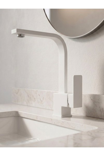 RALKEN Kare Model Beyaz Banyo Lavabo Bataryası Musluğu - %100 Pirinç, Paslanm...