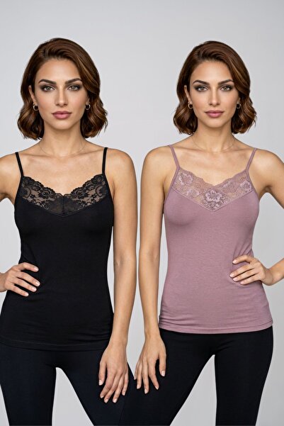 fevien Women's 2-Pack V-Neck Lace Rope Strap Cotton Undershirt Stylish Comfor...
