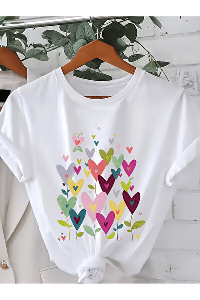 one button Tricou oversize premium cu imprimeu floral colorat în formă de inimă