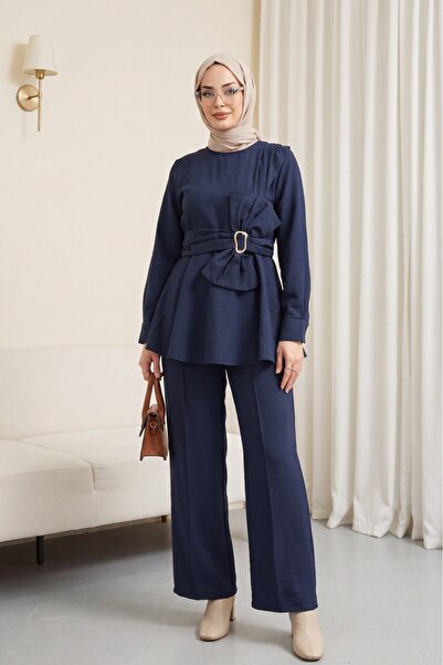 Modamorfo Cupra Suit with Belted Buckle and Bow Detail on Trousers - Dark Blue