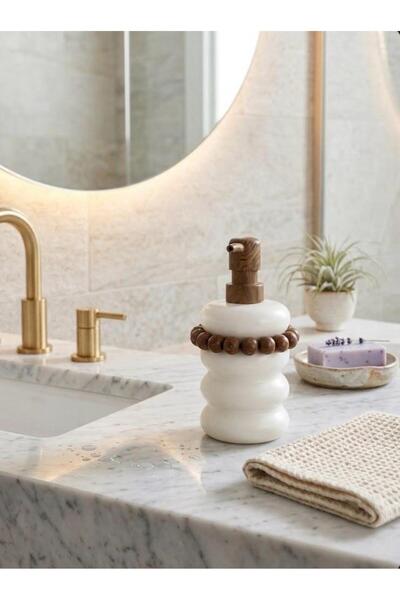 HÜCO BAZAAR Şık Zarif Seramik Kaliteli Ahşap Detaylı Sıvı Sabunluk Banyo Mutf...