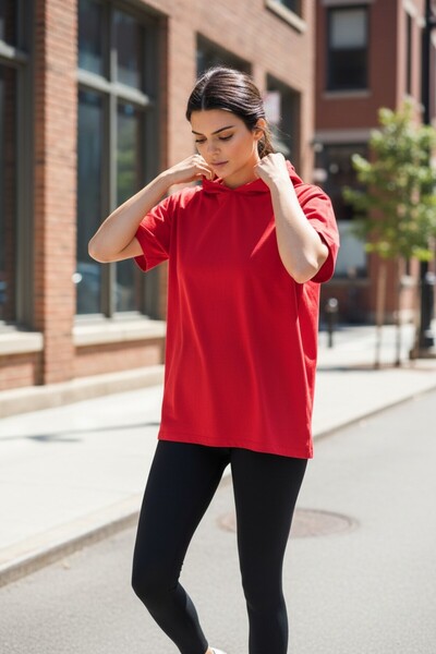 pulur.co Red Short Sleeve Hooded 100% Cotton Oversize 2 Thread T-Shirt