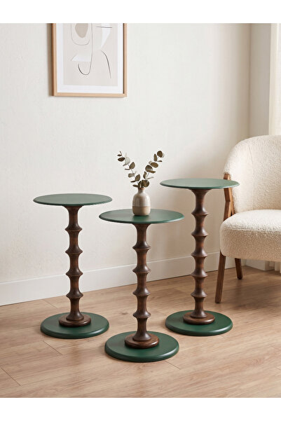 goji home decor 3’lü Ahşap Zigon Sehpa Seti Metal Tabla Yeşil 35 cm Çap 50-55...