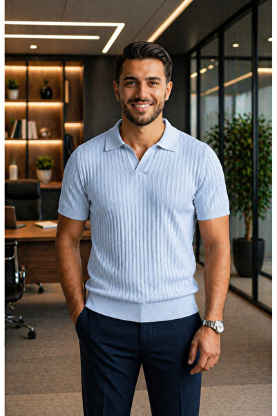 STYLENEST Erkek Açık Mavi Triko Polo Yaka Tişört Slim Fit Yazlık Şık Günlük O...