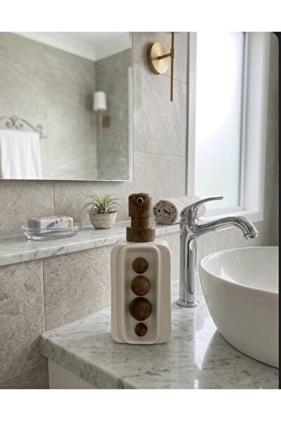 HÜCO BAZAAR Şık Zarif Seramik Kaliteli Ahşap Küre Desenli Sıvı Sabunluk Banyo...