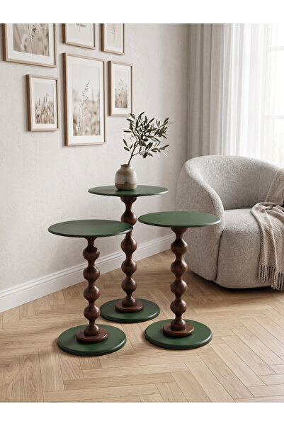 goji home decor 3’lü Ahşap Zigon Sehpa Seti Metal Tabla Yeşil 35 cm Çap 50-55...