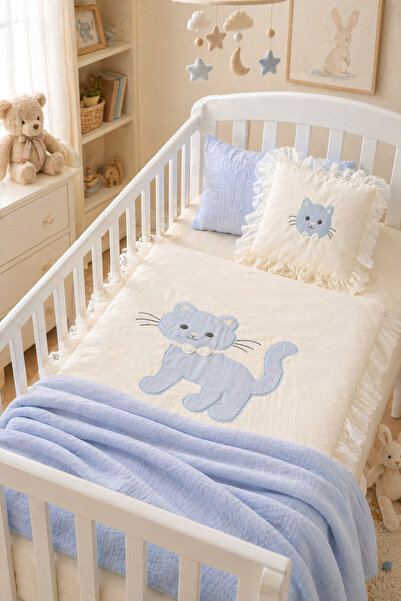 İK TEKSTİL 5 Piece 100% Cotton Baby Bedding Set with Cat Embroidery and Ruffl...