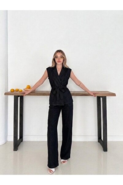 legends butik Γυναικείο λινό σετ με γιλέκο με ζώνη, φαρδύ παντελόνι, ελαφρύ, ...