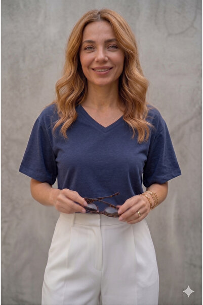 FHELIA Women's Navy Blue 100% Organic Cotton Compact Breathable Fabric V-Neck...