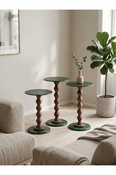 goji home decor 3’lü Ahşap Zigon Sehpa Seti Metal Tabla Yeşil 35 cm Çap 50-55...