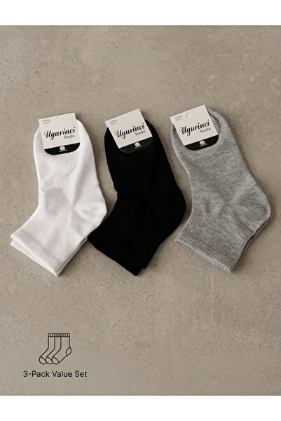 Uğur İnci Men's Cotton Seamless Casual Sports Socks 3 Pack Black White Gray
